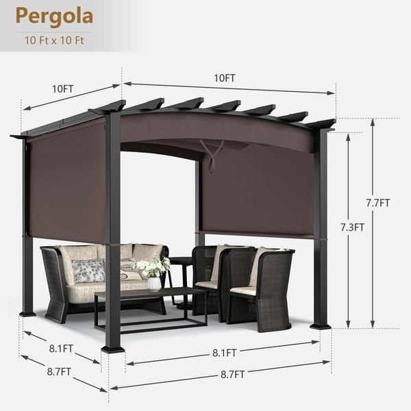 10 x 10ft Patio Pergola Gazebo with Retractable Canopy - Brown