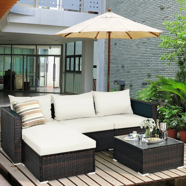 5pc Wicker Rattan Sectional Patio Set with Cushions and Coffee Table - White