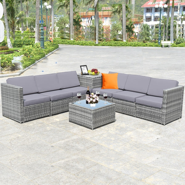 8pc Wicker Rattan Dining Set Patio Furniture with Storage Table - Gray
