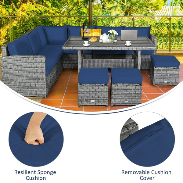 7pc Wicker Rattan Sectional Dining Set with Ottomans - Navy