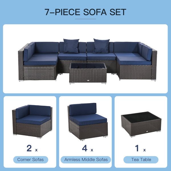 7pc Wicker Patio Furniture Sectional Sofa Set with Cushions - Coffee and Dark Blue