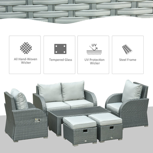 6pc Wicker Rattan Outdoor Patio Recliner Furniture Set - Grey