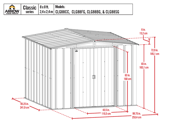 8x8 ft. Arrow Classic Steel Storage Shed - Charcoal