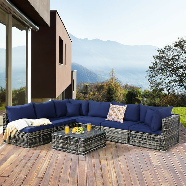 7pc Outdoor Rattan Sofa Set -  Navy