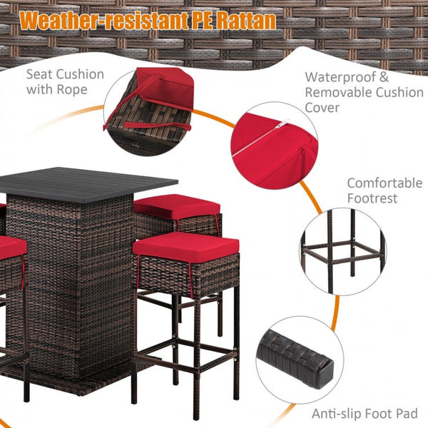 5pc Patio Rattan Bar Table Set - Red