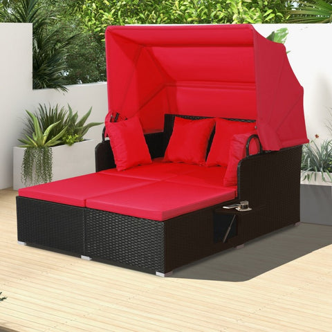 Patio Rattan Daybed with Retractable Canopy  - Red