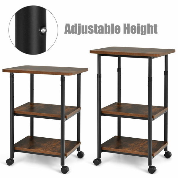 3-tier Adjustable Printer Stand with 360-degree Swivel Casters - Brown