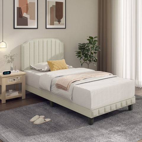 Heavy Duty Upholstered Bed Frame with Headboard - Twin Size