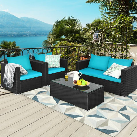 4pc Outdoor Wicker Rattan Cushioned Furniture Set - Turquoise