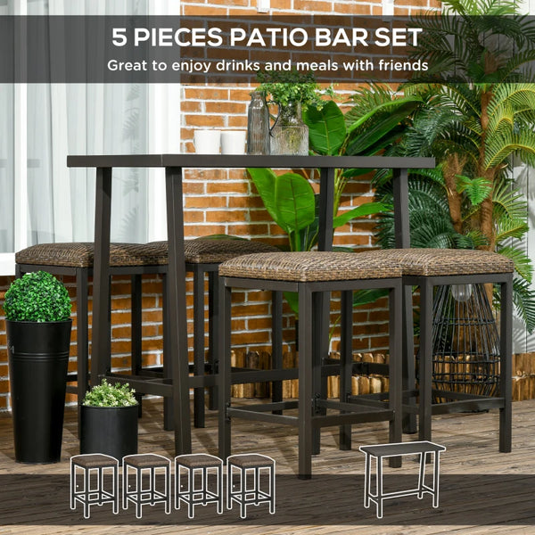 5pc Patio Rattan Bar Set 4 Stools - Brown