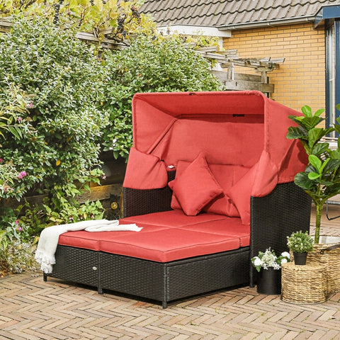Outdoor Patio Rattan Double Lounge Daybed - Red