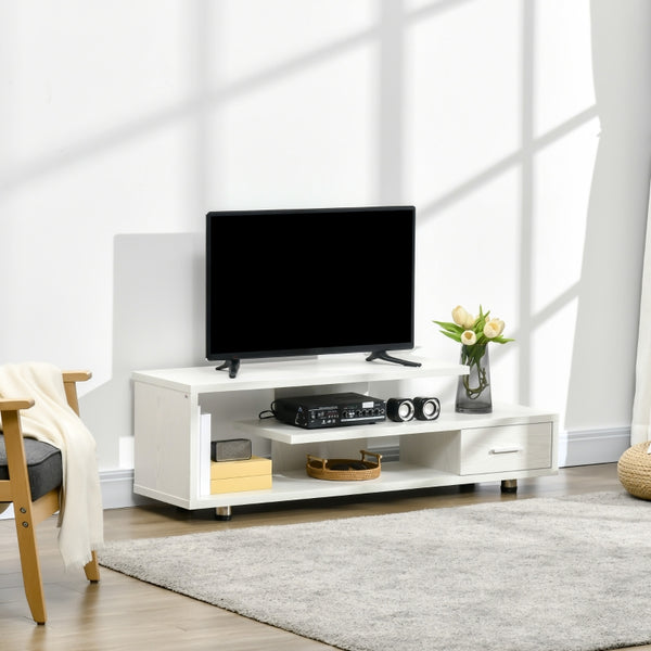 Modern TV Stand with Storage Shelf - White Wood Grain