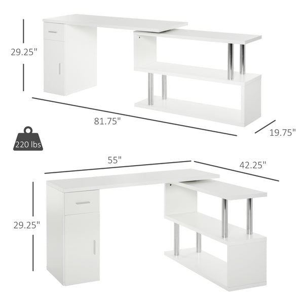 L-Shaped Rotatable Computer Writing Desk with Storage Shelves - White