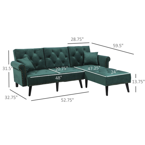 Button Tufted Modern 2 Piece Sofa Set and Chaise Lounge - Dark Green