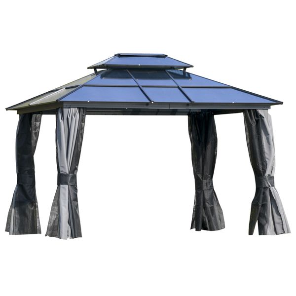 12 x 10 ft. Outdoor Double Tiered Hardtop Gazebo Canopy with Curtains - Black