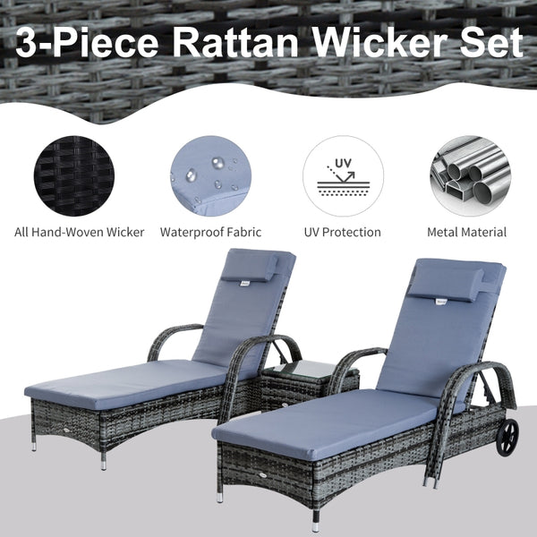 Wheeled Patio Rattan Lounge Set with Side Table - Gray