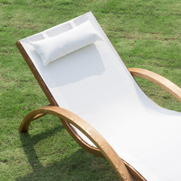 Wood Sling Patio Deck Mesh Lounge Chair with Headrest - Cream White