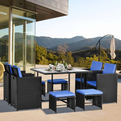 9pc Outdoor Patio Rattan Dining Set with Cushion - Blue