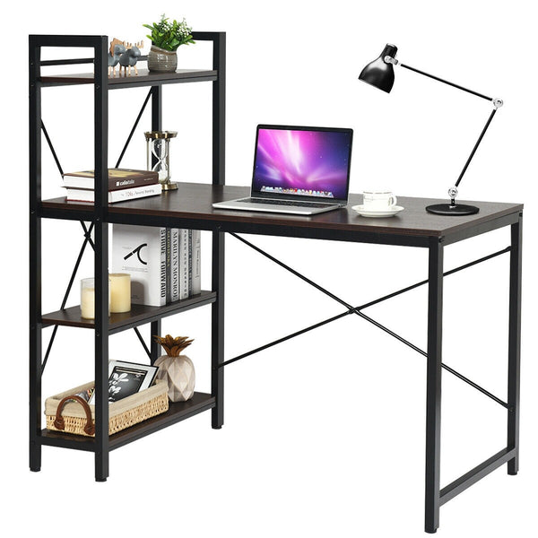 Computer Writing Desk with 4 Tier Shelf - Brown
