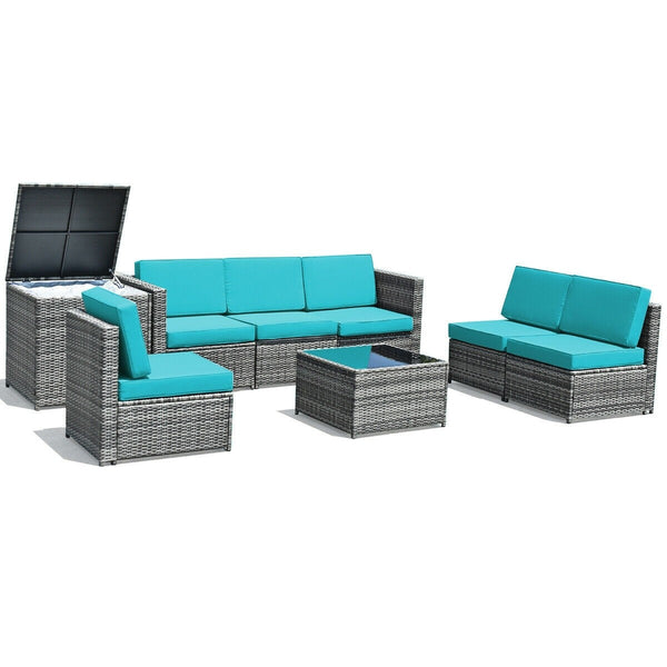 8pc Wicker Rattan Dining Set Patio Furniture with Storage Table - Turquoise