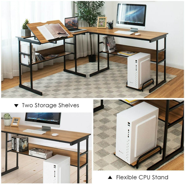 L-Shaped Computer Desk with Tiltable Tabletop - Walnut