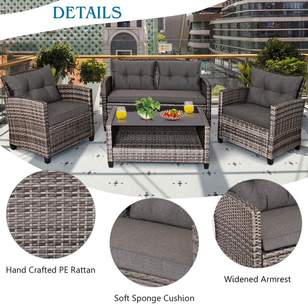 4pc Wicker Rattan Patio Furniture Set with Coffee Table and Cushioned Sofa
