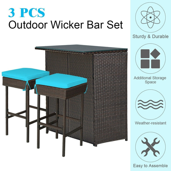 3pc Patio Rattan Bar Table Dining Set - Turquoise