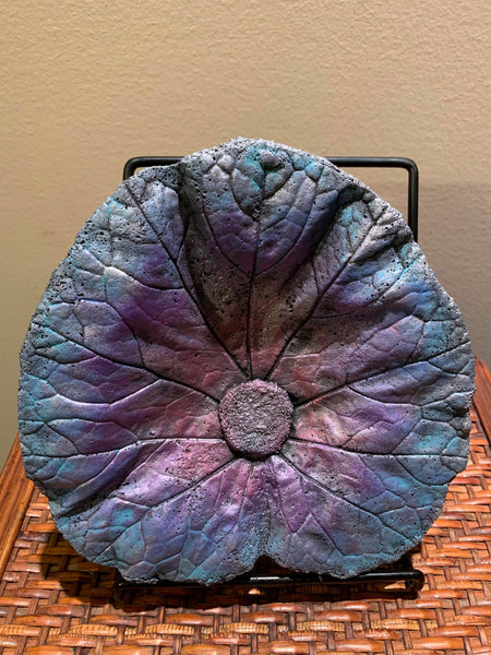 Decorative Handmade Concrete Leaf Casting - Metallic Purple and Blue w/ Silver Touch