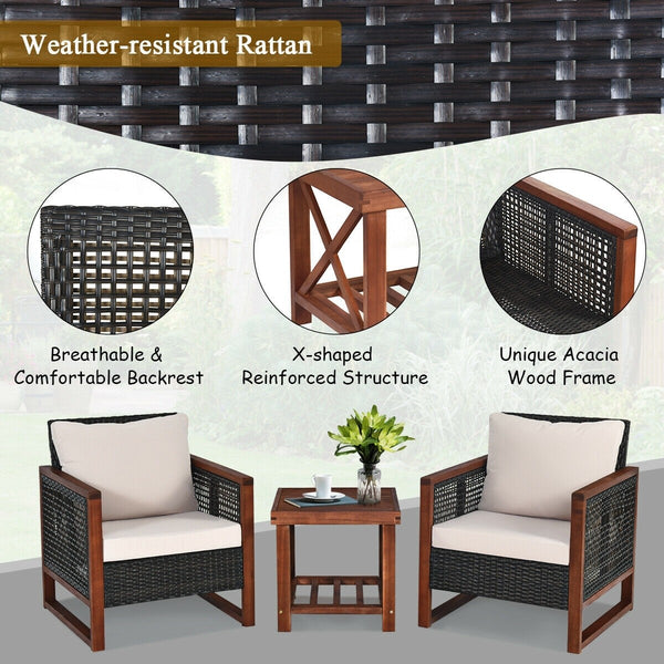 3pc Wicker Rattan Patio Furniture Set with Wooden Frame - Beige