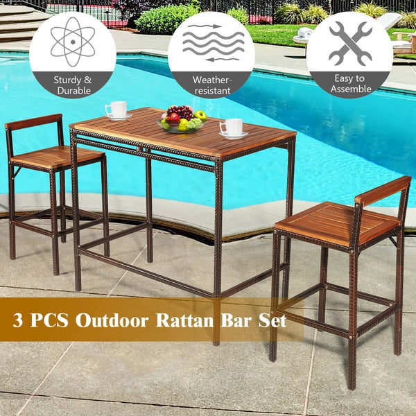 3pc Patio Rattan Bar Dining Furniture Set - Brown
