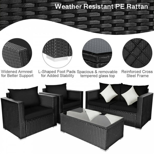 4pc Outdoor Wicker Rattan Cushioned Furniture Set - Black