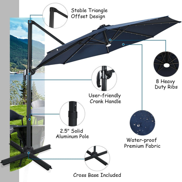 10 Ft. Patio Offset Cantilever Umbrella with Solar Lights - Navy