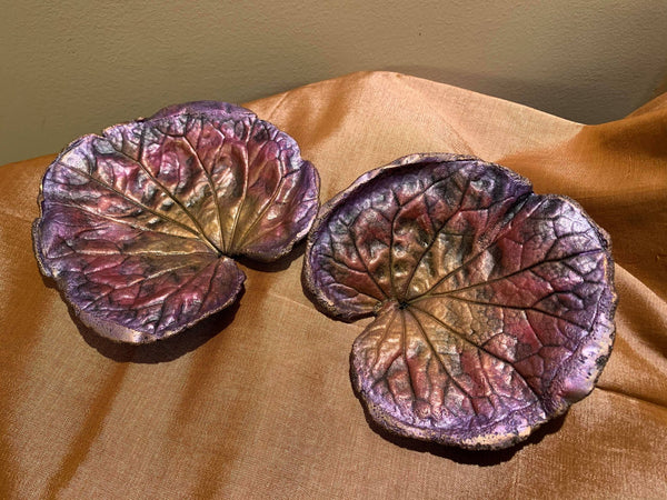 Decorative Handmade Concrete Leaf Casting (Set of 2) - Metallic Pink and purple with Gold touch