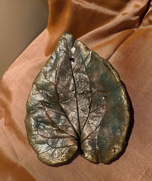 Decorative Handmade Concrete Leaf Casting - Metallic Turquoise, Silver with Gold touch