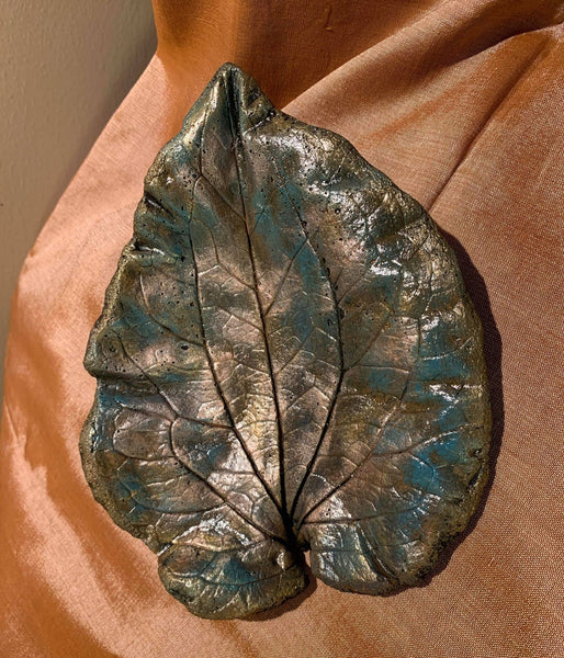 Decorative Handmade Concrete Leaf Casting - Metallic Turquoise with Gold touch