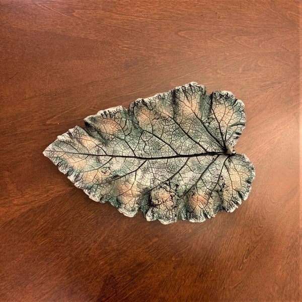 Decorative Handmade Concrete Leaf Casting - Metallic Turquoise, Silver with Gold Touch