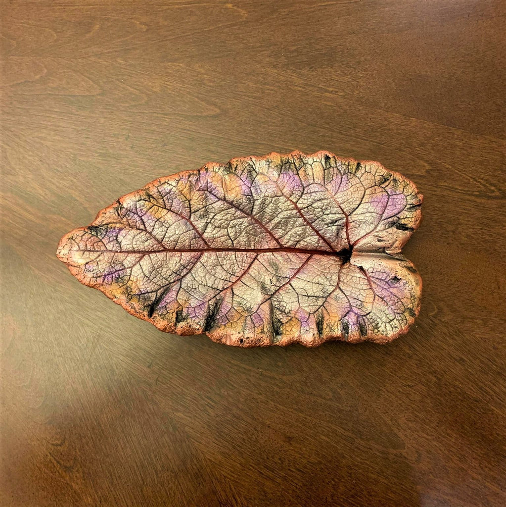 Decorative Handmade Concrete Leaf Casting - Metallic purple, Silver with Gold touch