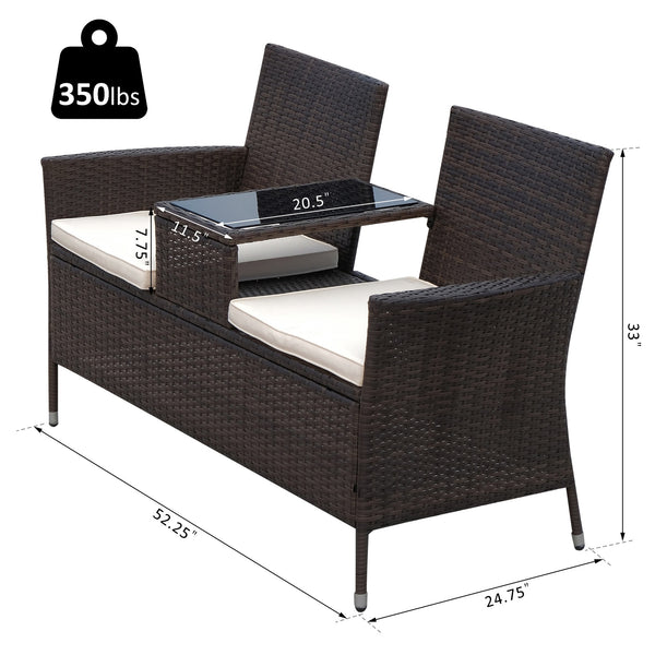 2 Seat Wicker Rattan Patio Bench with Tea Table - Brown and Cream
