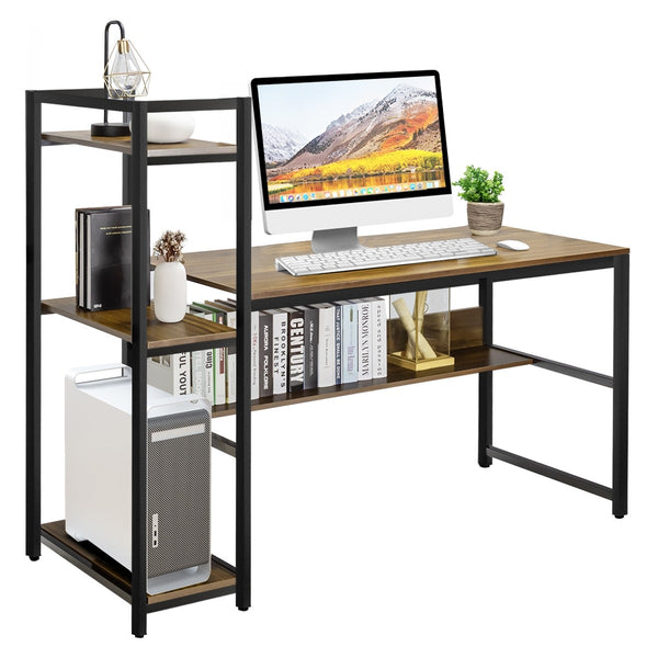 Computer Writing Desk with 4 Tier Storage Shelf - Walnut