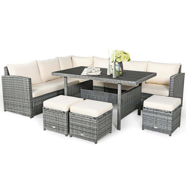 7pc Wicker Rattan Sectional Dining Set with Ottomans - White