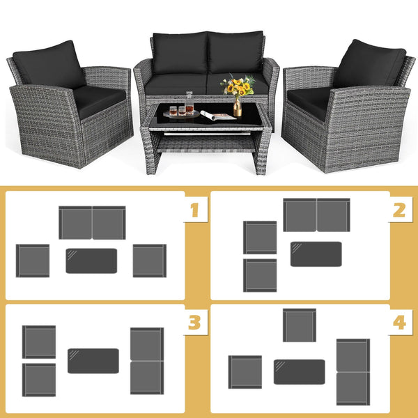 4pc Wicker Rattan Patio Furniture Set with Table - Black