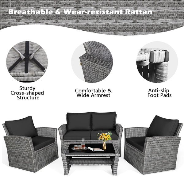 4pc Wicker Rattan Patio Furniture Set with Table - Black
