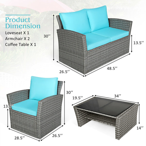 4pc Wicker Rattan Patio Furniture Set with Table - Turquoise