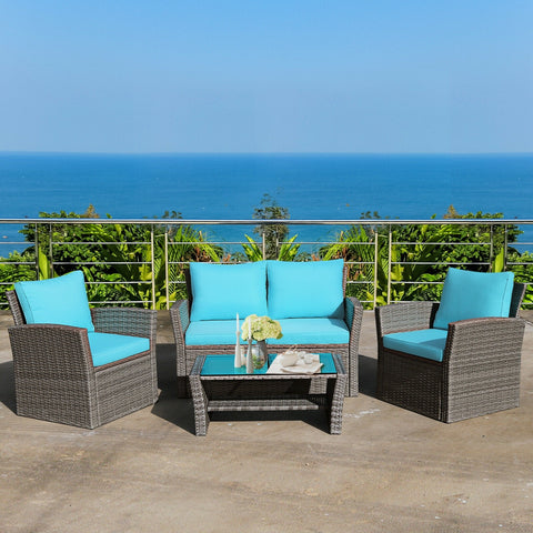 4pc Wicker Rattan Patio Furniture Set with Table - Turquoise
