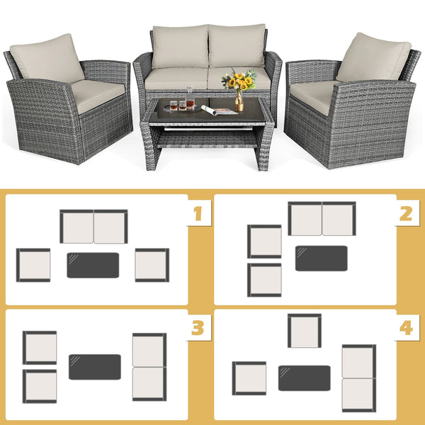 4pc Wicker Rattan Patio Furniture Set with Table - Khaki