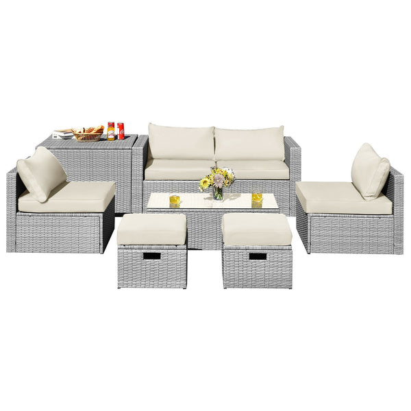 8pc Patio Rattan Furniture Set with Storage - White