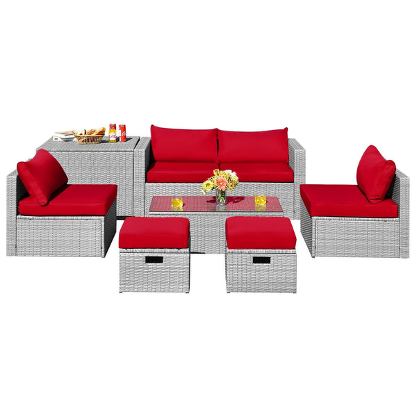 8pc Patio Rattan Furniture Set with Storage - Red