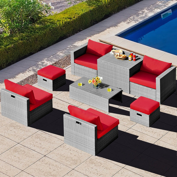 8pc Patio Rattan Furniture Set with Storage - Red