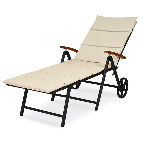 Foldable Outdoor Wicker Rattan Chaise Lounge Recliner Chair - Beige