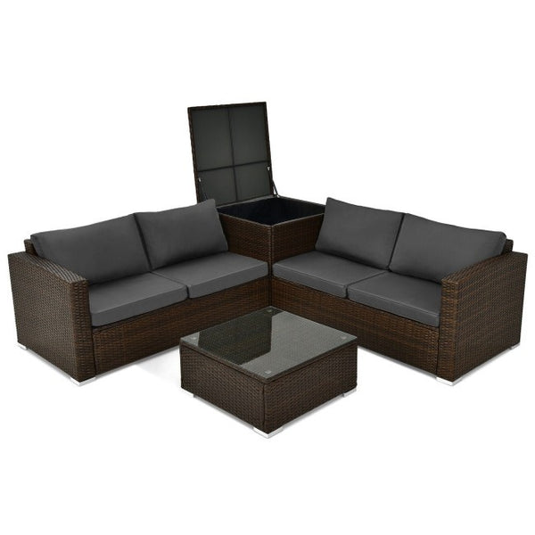 4pc Patio Rattan Furniture Set with Storage Box - Brown